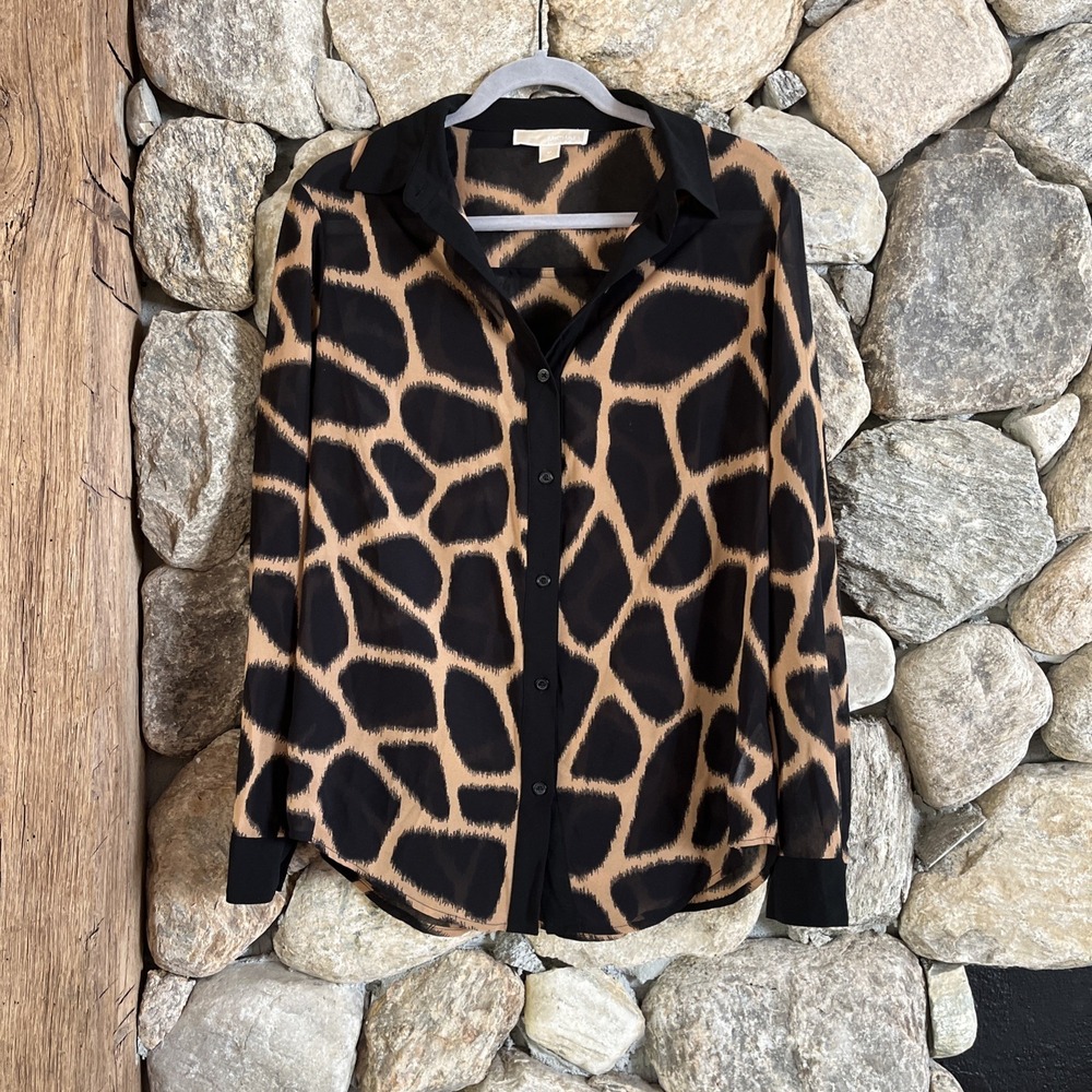 MICHAEL KORS GIRAFFE ANIMAL PRINT Button Up TOP BLOUSE NWOT Medium Collar